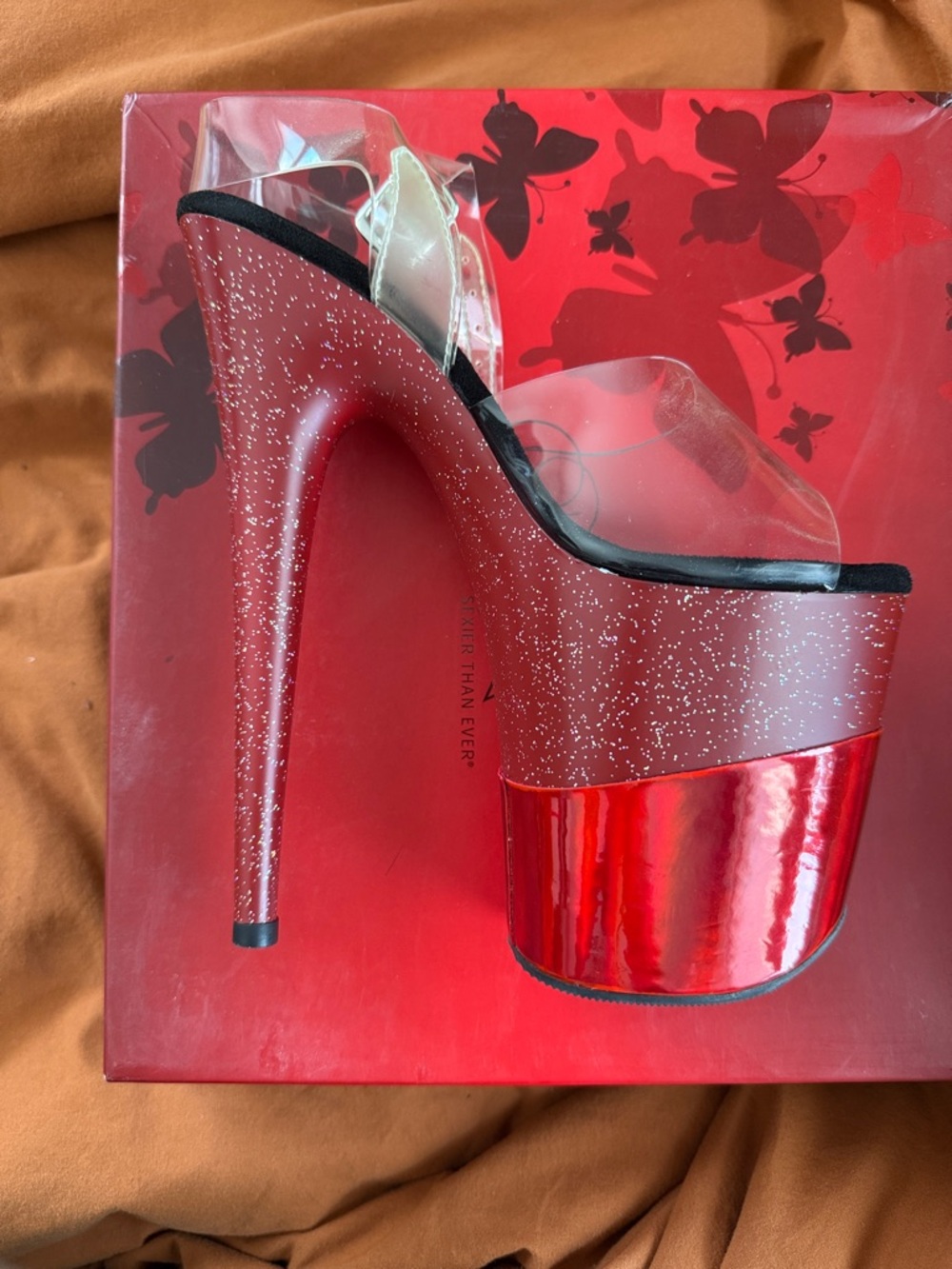 Pleaser Flamingo-808LG Clear Strap Platform Heels - Black/Purple Glitter